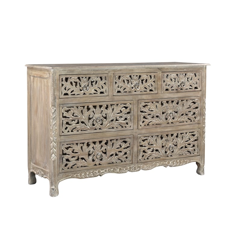 Pemberly Row Gray Floral Carved Solid Wood Mango 5-Piece King Bedroom Set