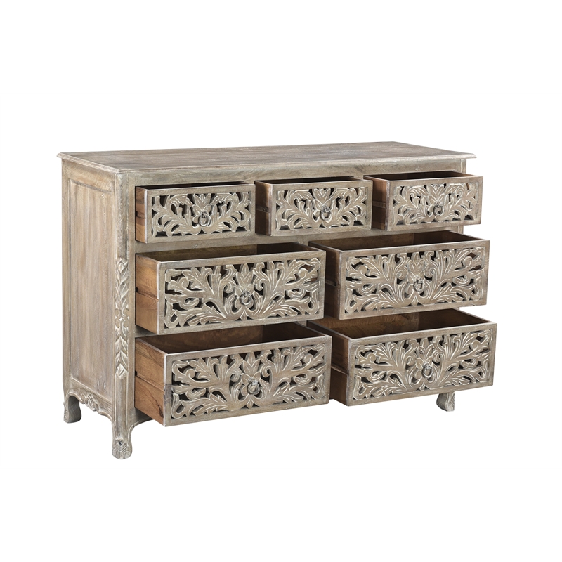 Pemberly Row Gray Floral Carved Solid Wood Mango 5-Piece King Bedroom Set