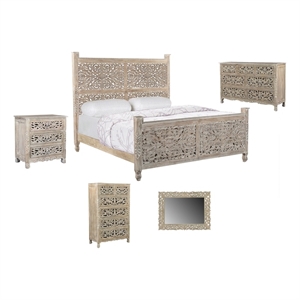 Pemberly Row Gray Floral Carved Solid Wood Mango 5-Piece King Bedroom Set