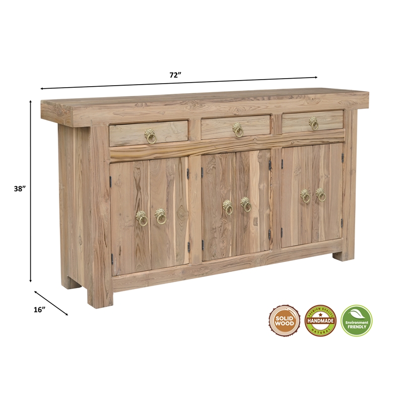 Pemberly Row Solid Wood Teak Sideboard with Brass Ring Pulls 3 Drawers 6 Doors
