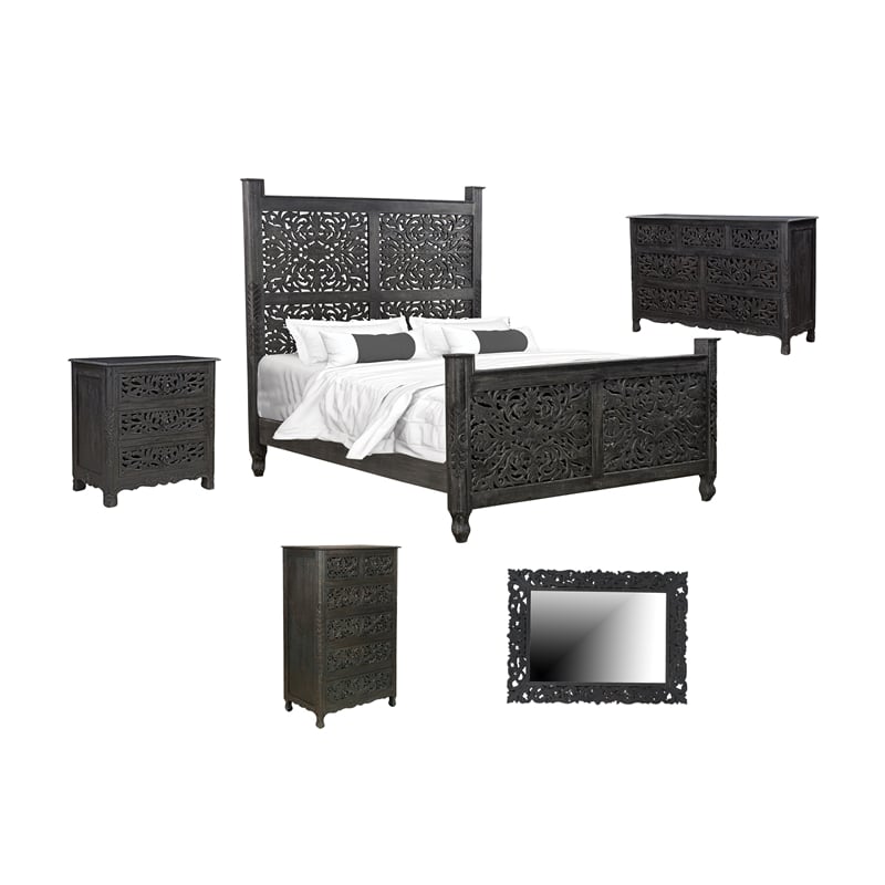 Pemberly Row Black Floral Carved Solid Wood Mango 5-Piece Queen Bedroom Set