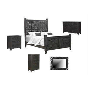 Pemberly Row Black Floral Carved Solid Wood Mango 5-Piece Queen Bedroom Set