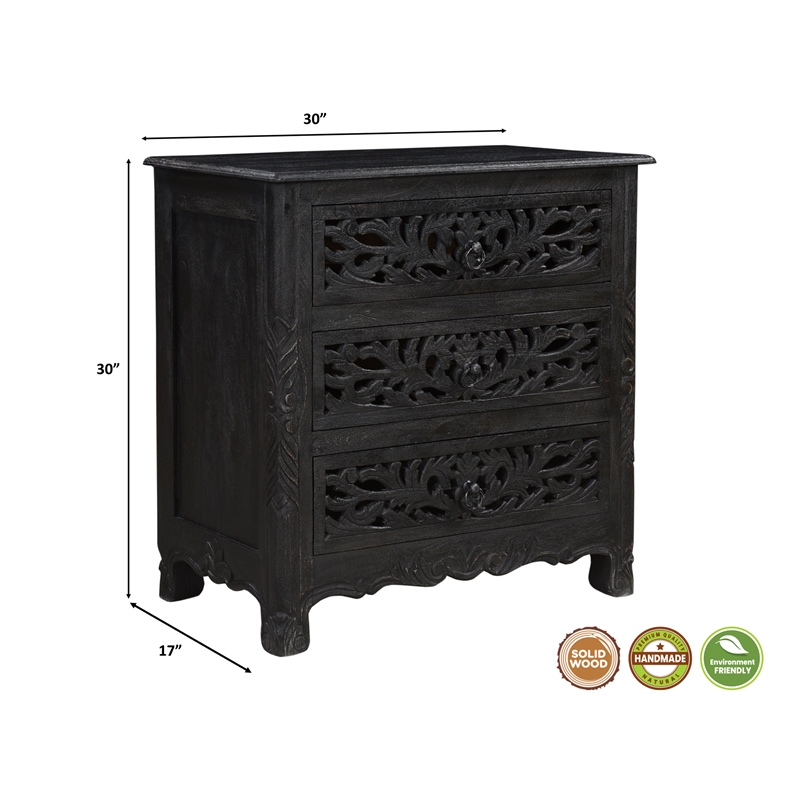 Pemberly Row Black Floral Carved Solid Wood Mango 5-Piece King Bedroom Set