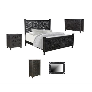 Pemberly Row Black Floral Carved Solid Wood Mango 5-Piece King Bedroom Set