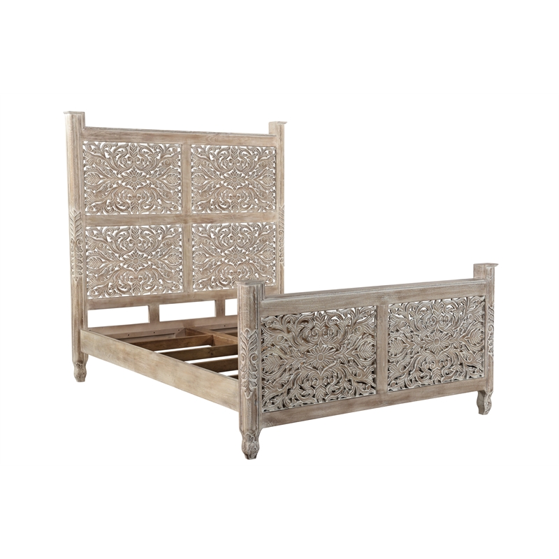 Pemberly Row Gray Floral Carved Solid Wood Mango 5-Piece Queen Bedroom Set