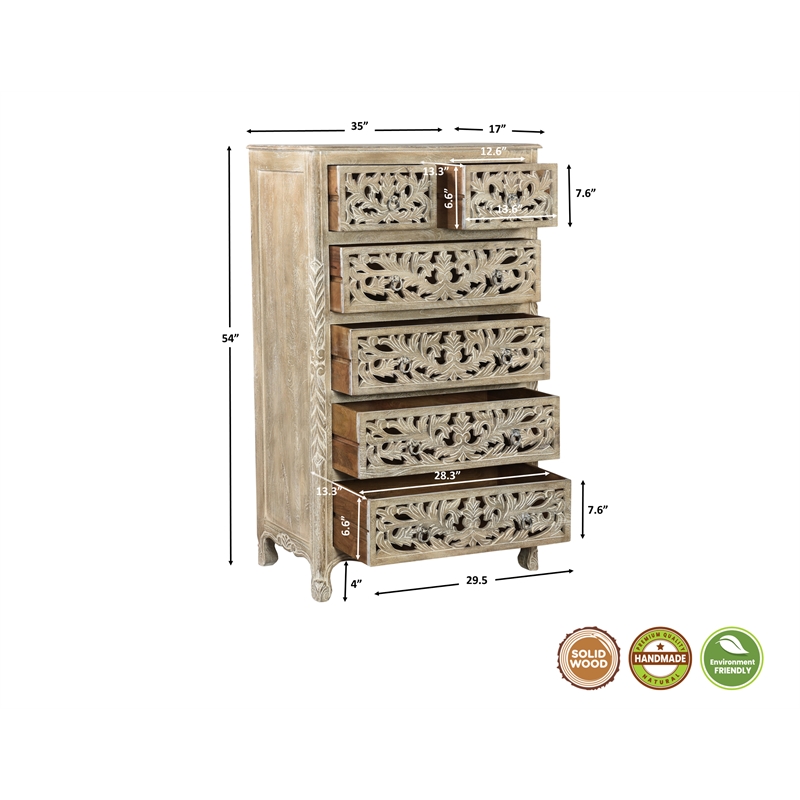 Pemberly Row Gray Floral Carved Solid Wood Mango 5-Piece Queen Bedroom Set