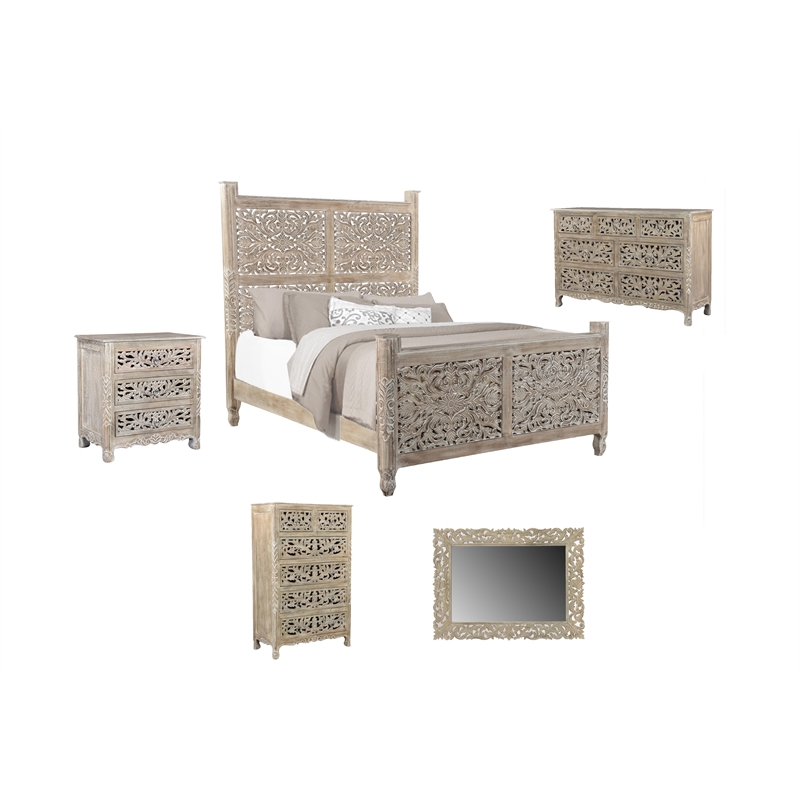 Pemberly Row Gray Floral Carved Solid Wood Mango 5-Piece Queen Bedroom Set