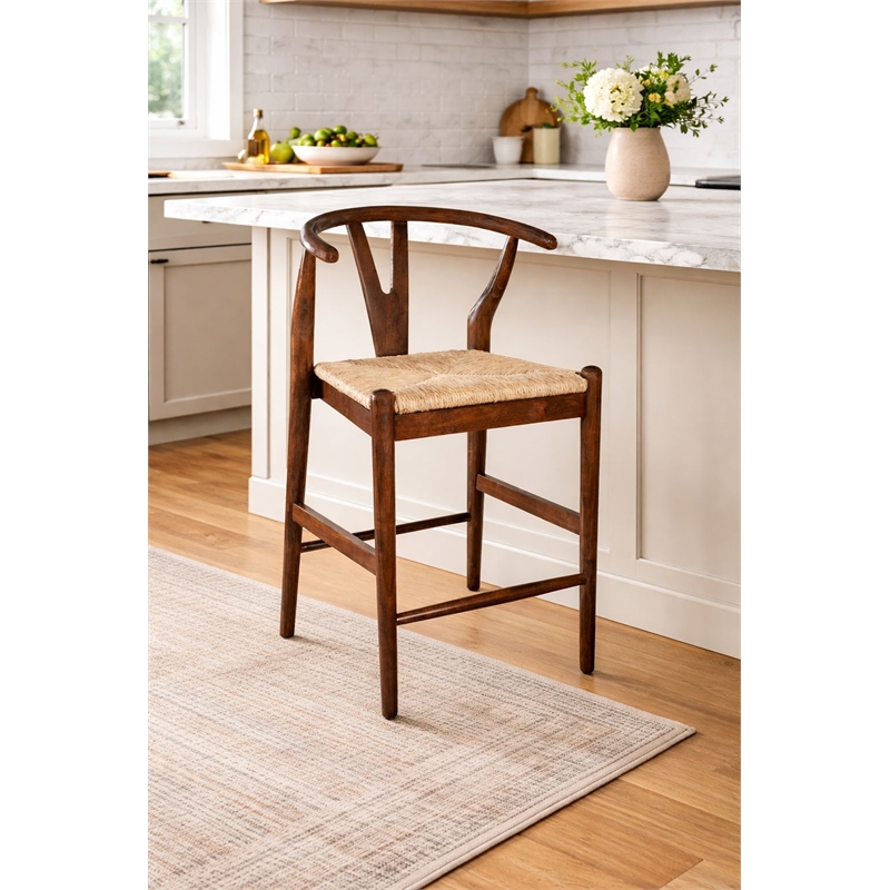 Pemberly Row Counter Height Kitchen Stool with Woven Rush Seat in Cappuccino