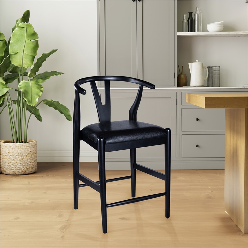 Pemberly Row Counter Height Kitchen Stool with Faux Leather Seat in Black