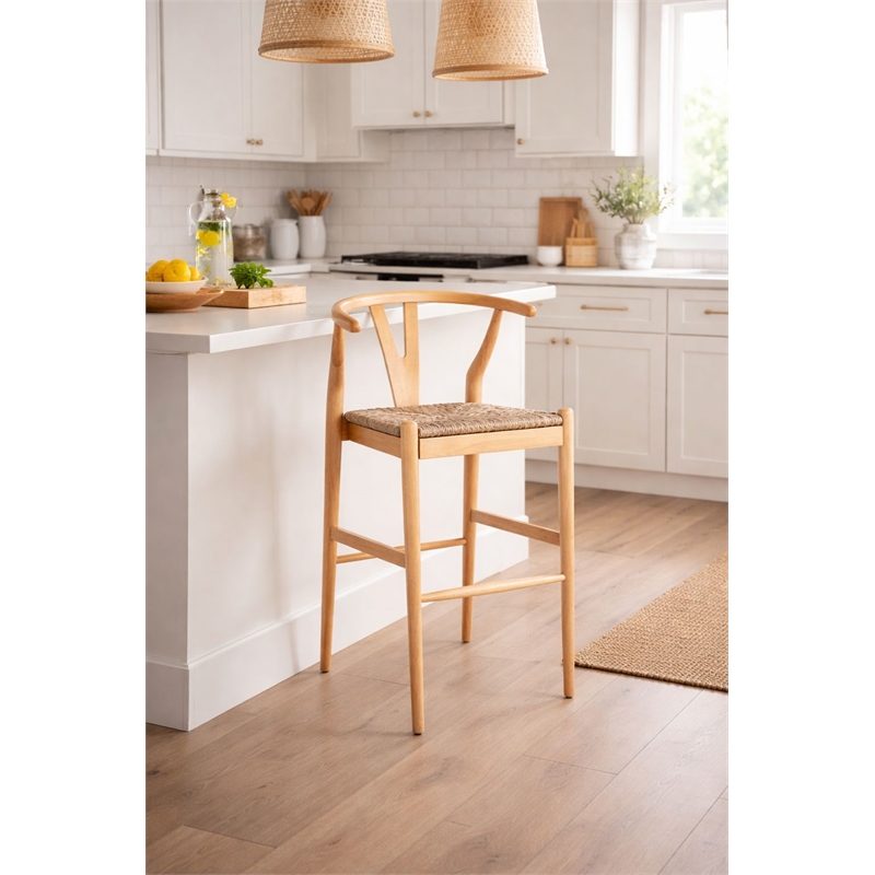 Pemberly Row Bar Height Kitchen Stool with Woven Rush Seat in Natural