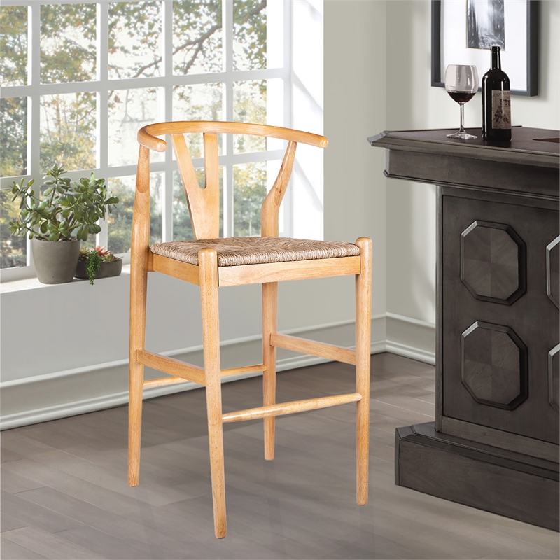 Pemberly Row Bar Height Kitchen Stool with Woven Rush Seat in Natural