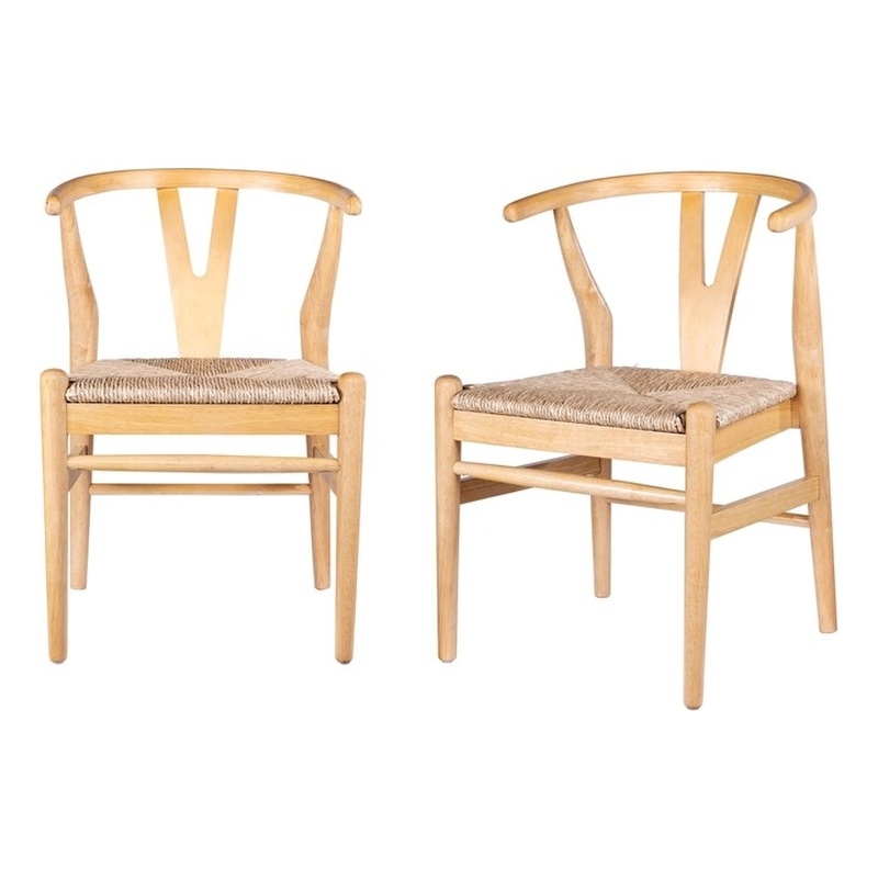 Pemberly Row Rubberwood Dining Armchairs with Woven Seats in Natural - Set of 2