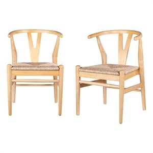 Pemberly Row Rubberwood Dining Armchairs with Woven Seats in Natural - Set of 2