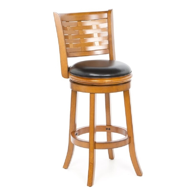 Pemberly Row Hardwood Bar Height Swivel Stool with Leather in Brush Oak