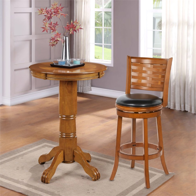Pemberly Row Hardwood Bar Height Swivel Stool with Leather in Brush Oak