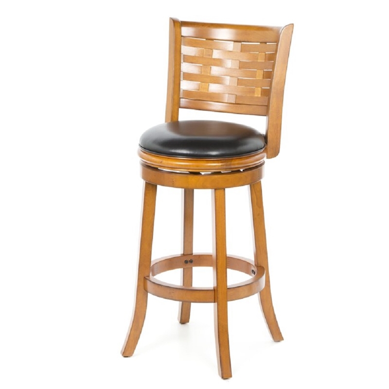 Pemberly Row Hardwood Bar Height Swivel Stool with Leather in Brush Oak