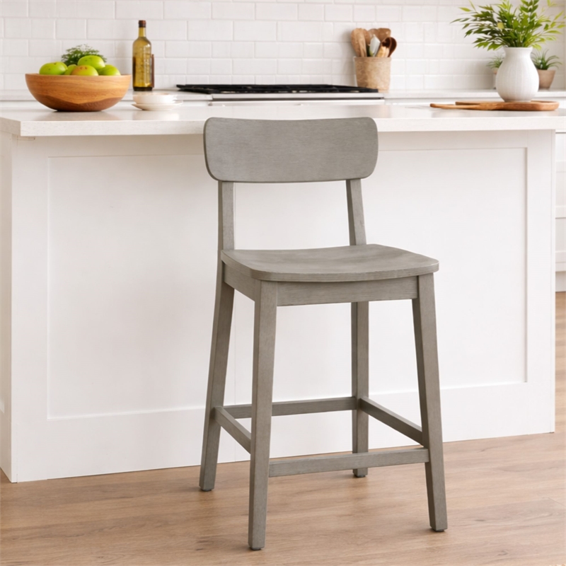 Pemberly Row Rubberwood Farmhouse Counter Stool with Curved Back in Fallen Rock