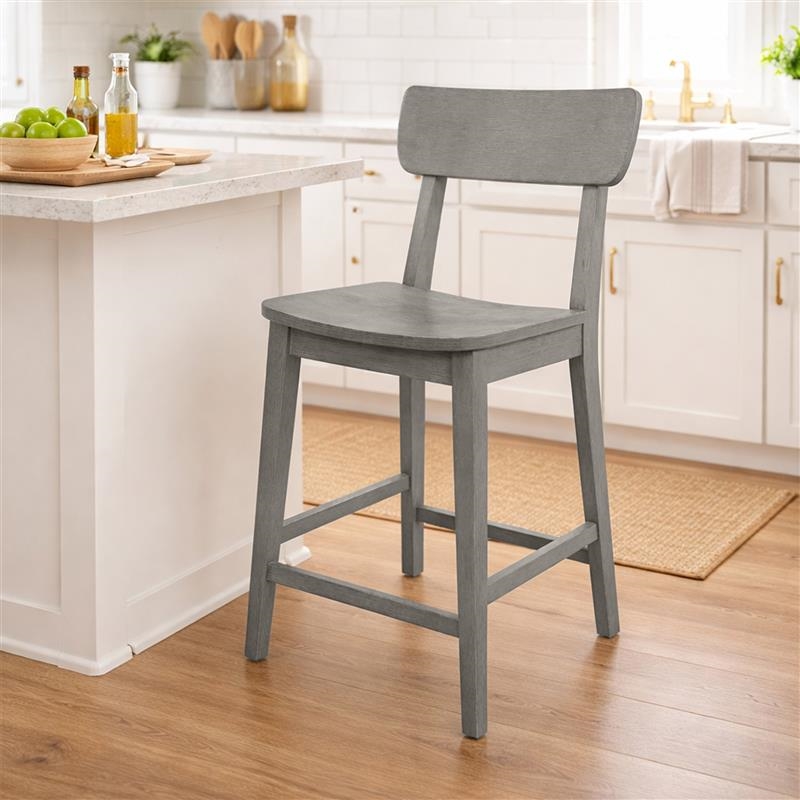 Pemberly Row Rubberwood Farmhouse Counter Stool with Footrest in Charcoal Grey