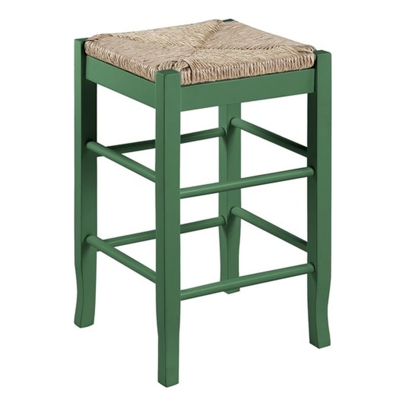 Pemberly Row Rubberwood Square Rush Backless Counter Stool in Equestrian Green