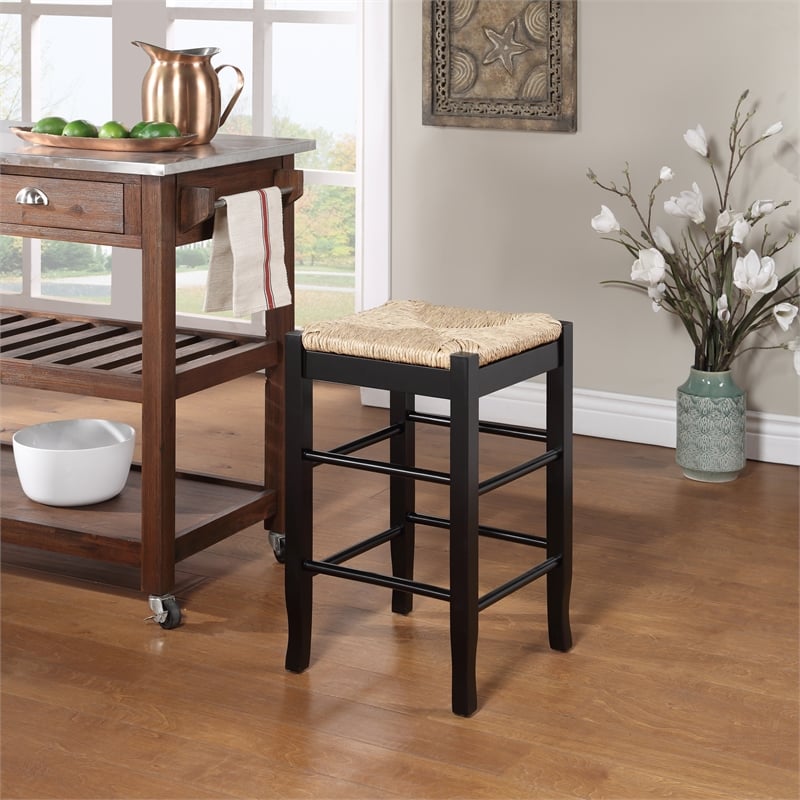 Pemberly Row Rubberwood Square Rush Woven Backless Counter Stool in Black
