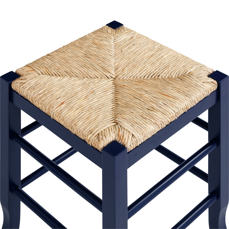 Pemberly Row Rubberwood Square Rush Backless Counter Stool in Navy Blue