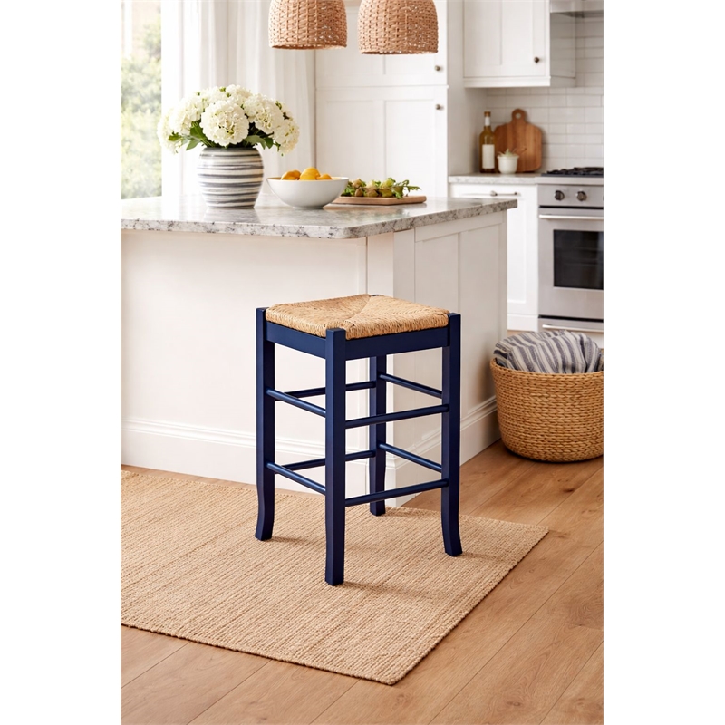Pemberly Row Rubberwood Square Rush Backless Counter Stool in Navy Blue