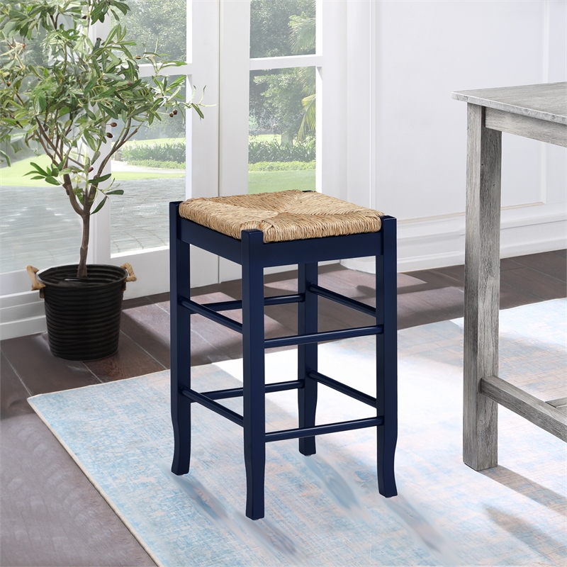 Pemberly Row Rubberwood Square Rush Backless Counter Stool in Navy Blue