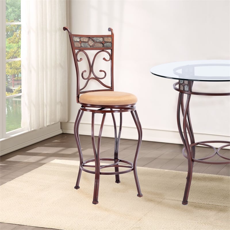 Pemberly Row Metal Swivel Bar Stool with Slate Mosaic in Brown/Beige