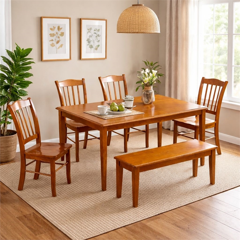 Pemberly Row Rubberwood 6 Piece Dining Set with Bench for 6 Guests in Walnut