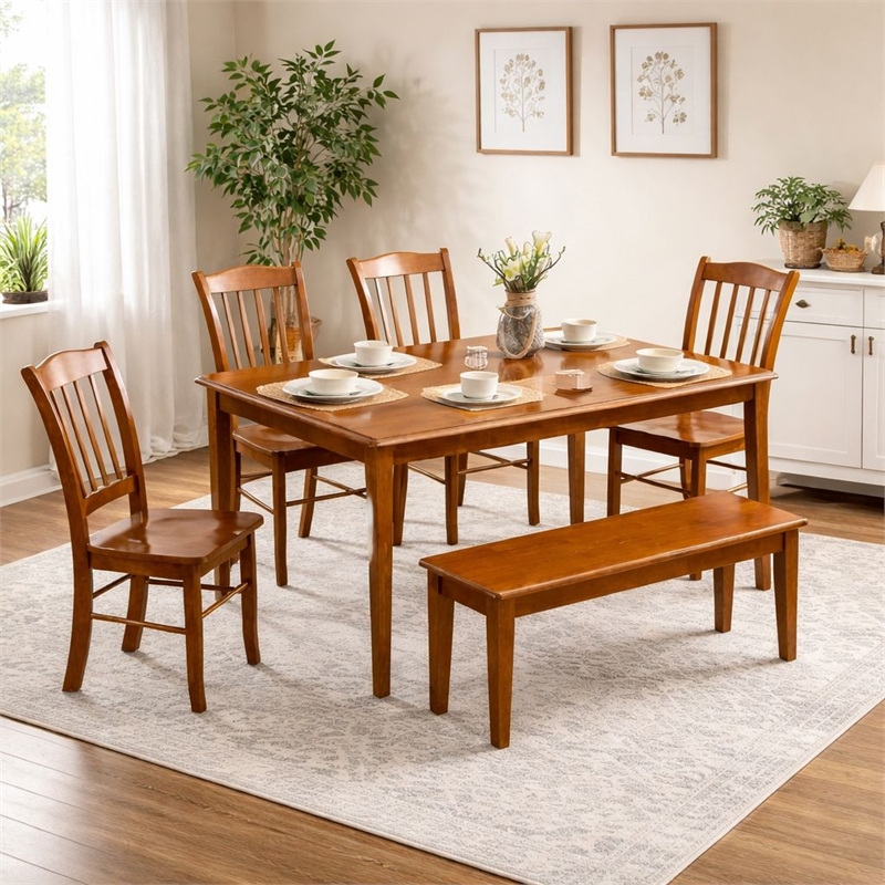Pemberly Row Rubberwood 6 Piece Dining Set with Bench for 6 Guests in Walnut