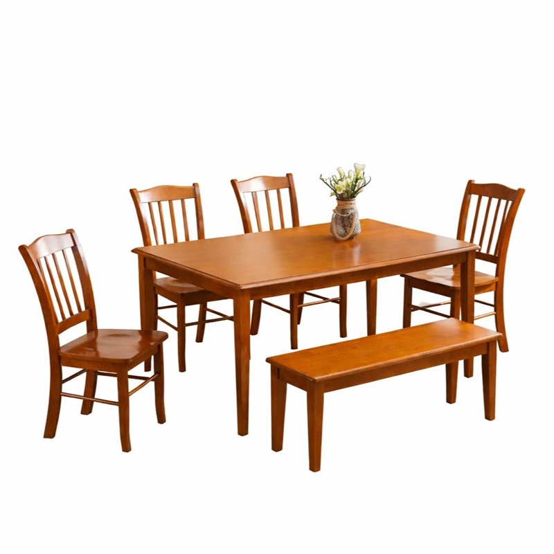 Pemberly Row Rubberwood 6 Piece Dining Set with Bench for 6 Guests in Walnut