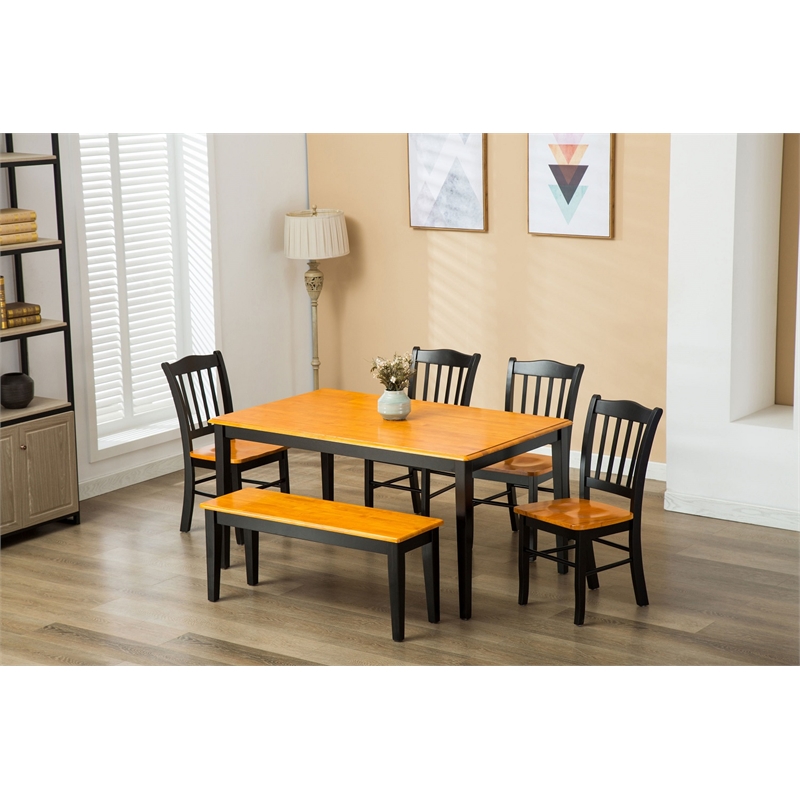 Pemberly Row Rubberwood Mid Century Dining Bench Seats 2 to 3 in Black and Oak