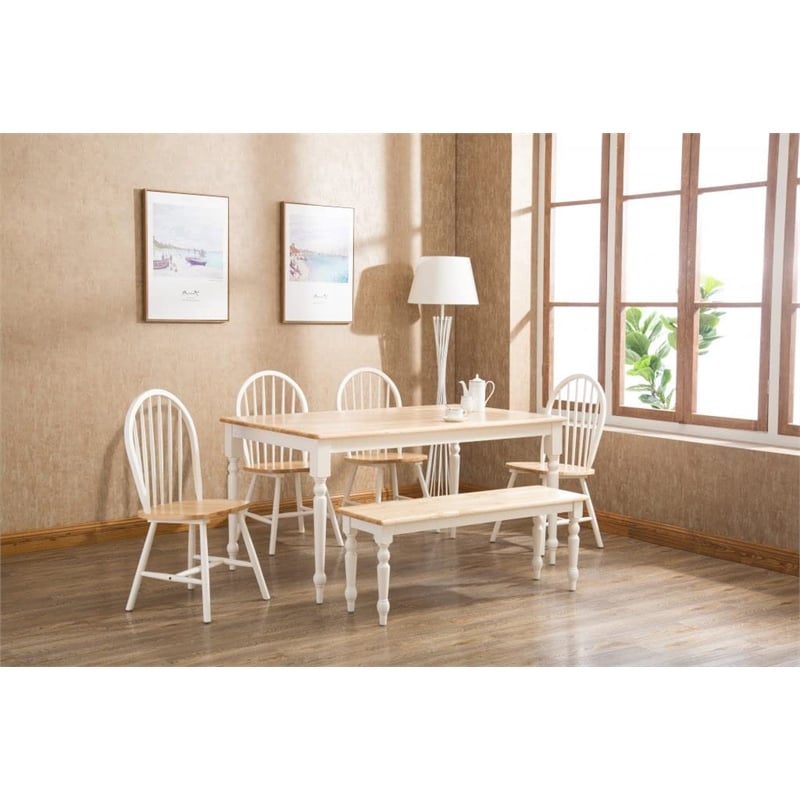 Pemberly Row Rubberwood Farmhouse Dining Table Seats 6 in White and Natural