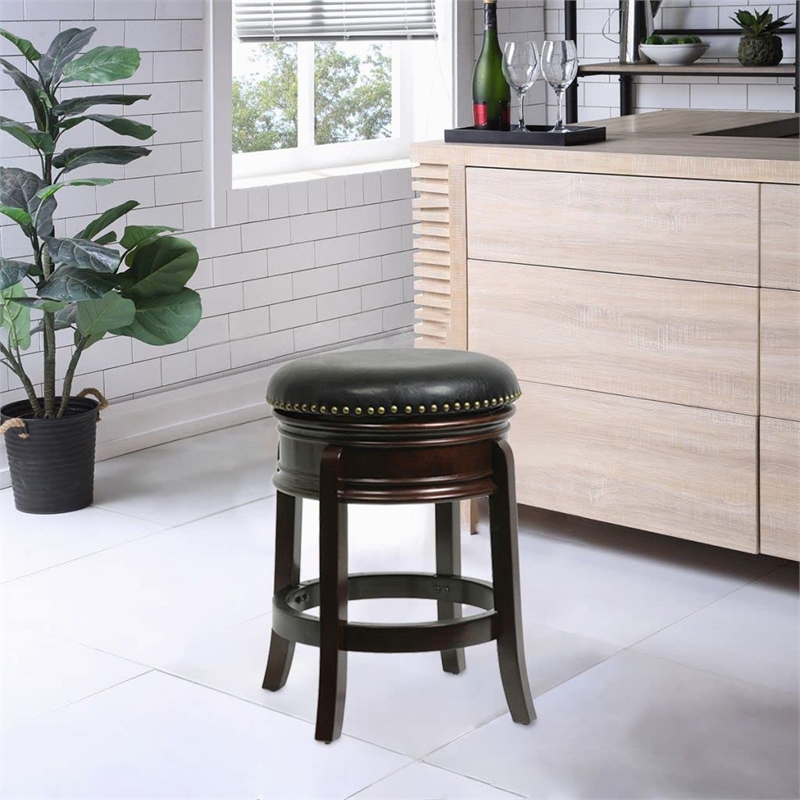 Pemberly Row Backless Rubberwood Swivel Counter Stool Nailhead in Cappuccino