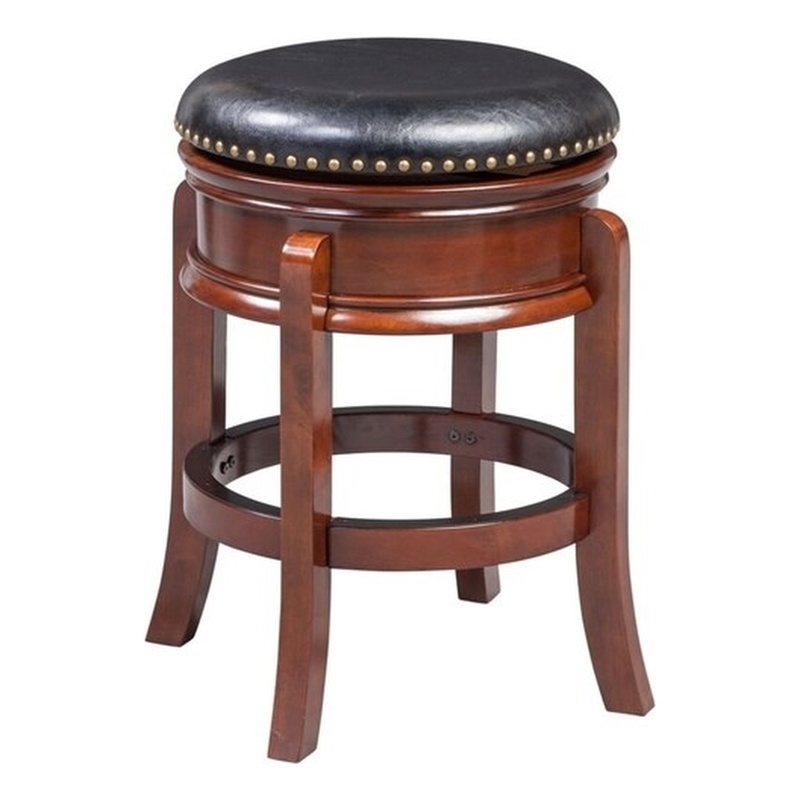 Pemberly Row Rubberwood Counter Height Swivel Stool Brass Nailhead in Cherry