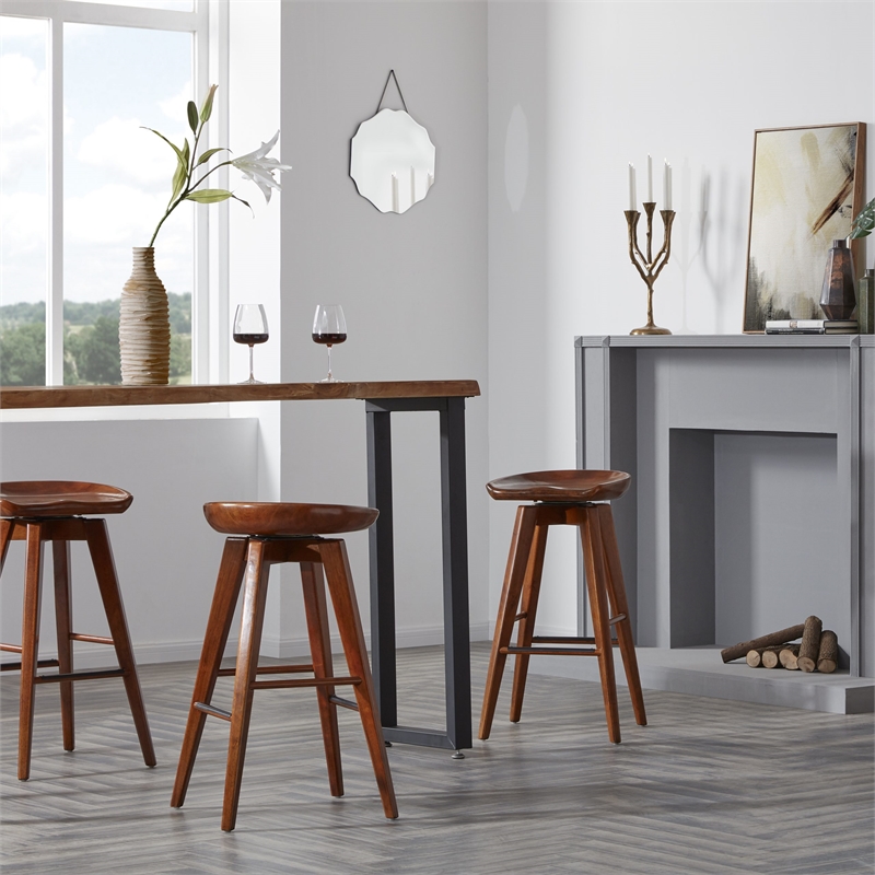 Pemberly Row Hardwood Bar Height Backless Swivel Stool Contoured Seat in Walnut
