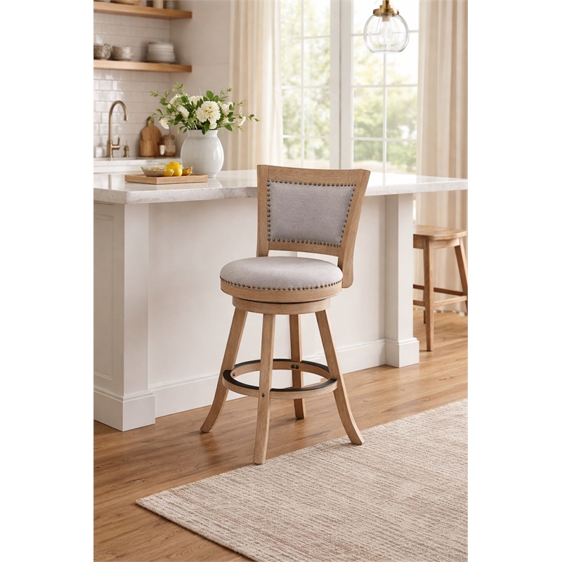 Pemberly Row Grey Fabric Nailhead Swivel Counter Stool in Driftwood