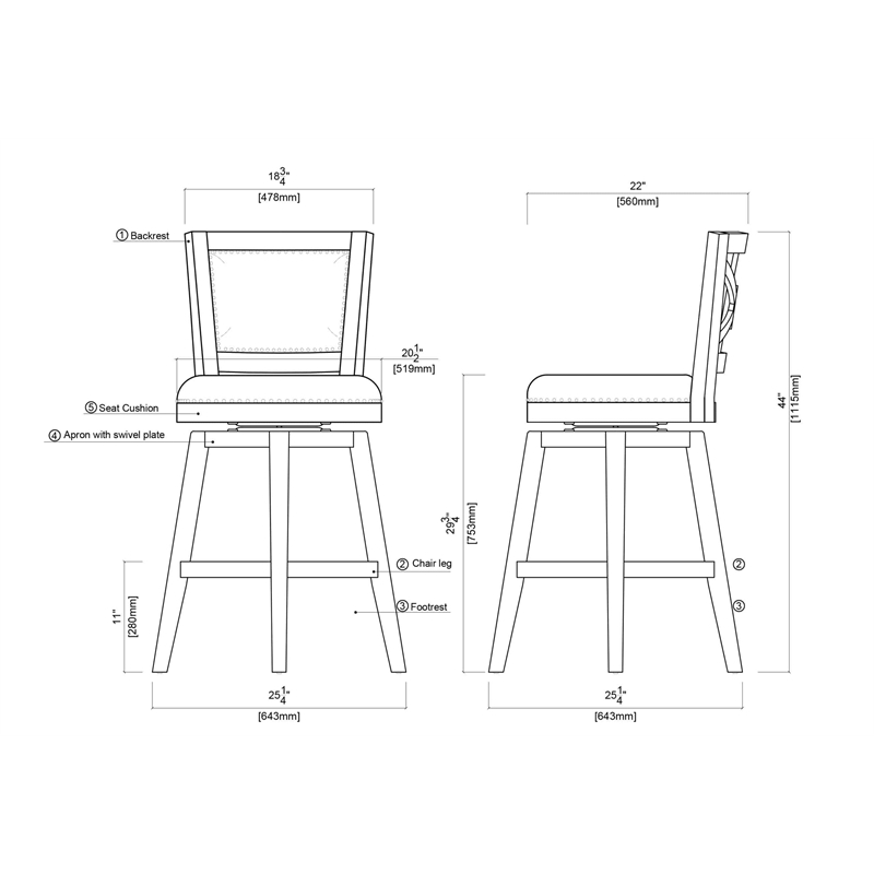Pemberly Row Contemporary Rubberwood Swivel Bar Stool in Black