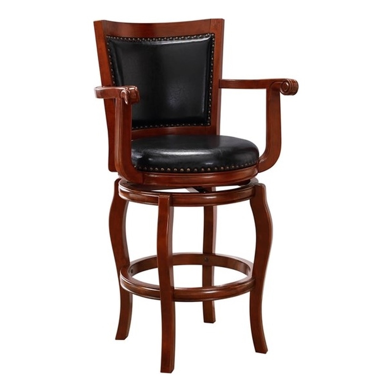 Pemberly Row Rubberwood Swivel Bar Stool with Arms in Cherry