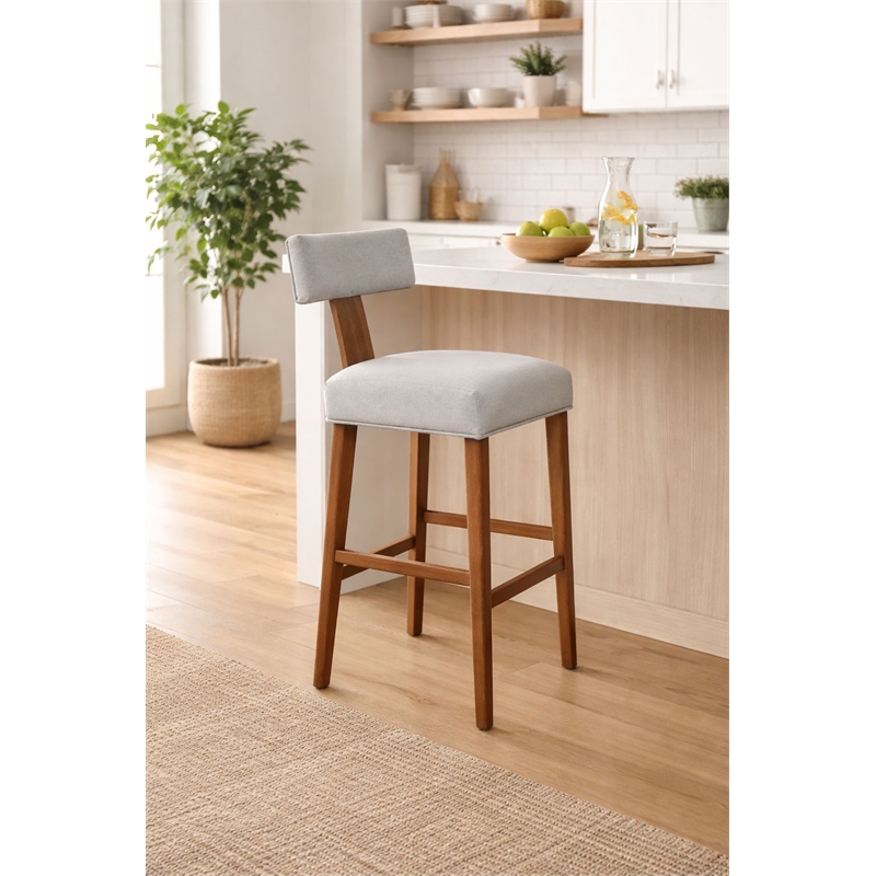 Pemberly Row Contemporary Rubberwood T-Back Bar Stool with Linen Cushion