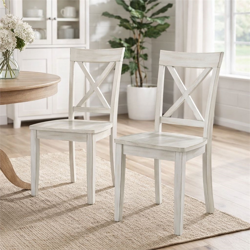 Pemberly Row Rubberwood X-Back Dining Chairs in Antique White (Set of 2)