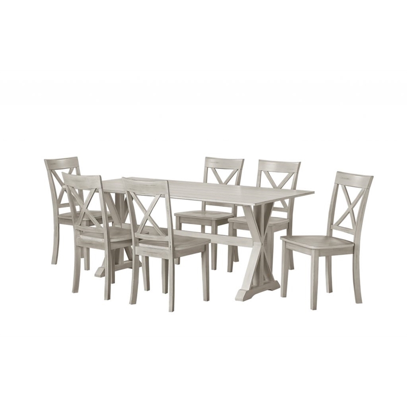 Pemberly Row 7pc Solid Wood Dining Set with X Back Chairs in Antique White