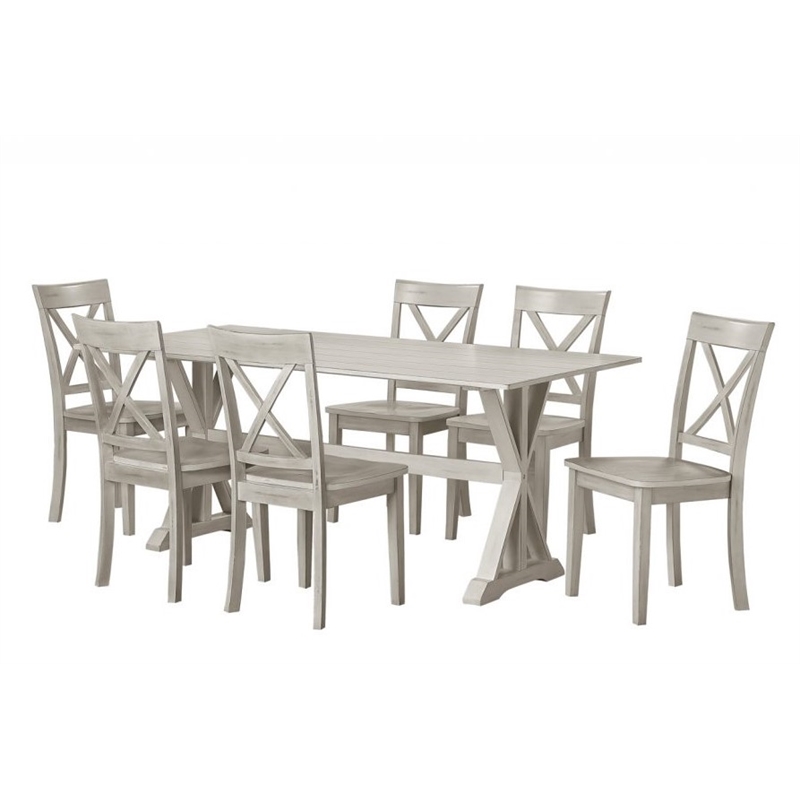 Pemberly Row 7pc Solid Wood Dining Set with X Back Chairs in Antique White