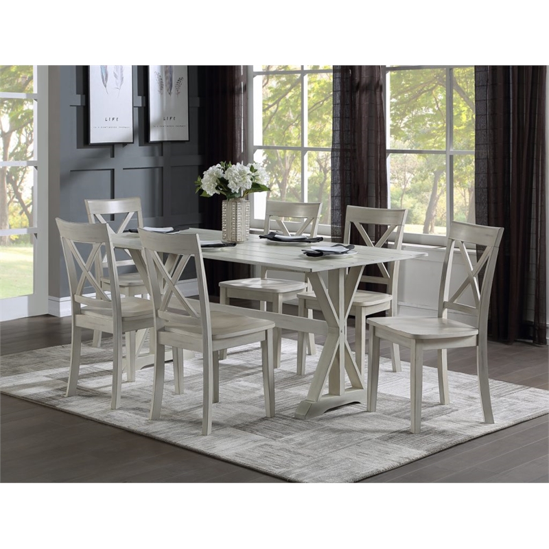 Pemberly Row 7pc Solid Wood Dining Set with X Back Chairs in Antique White