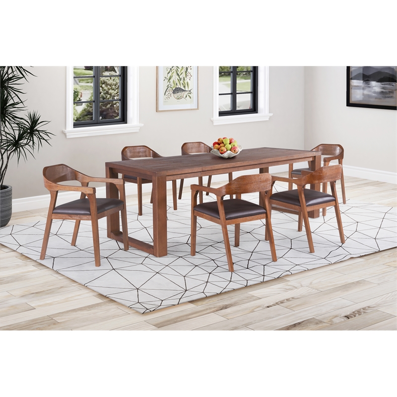 Pemberly Row 7 Piece Rubberwood Drop Leaf Dining Set in Chestnut Wire Brush