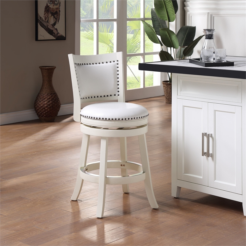 Pemberly Row Hardwood Swivel Counter Stool with Brass Nailheads in Buttermilk