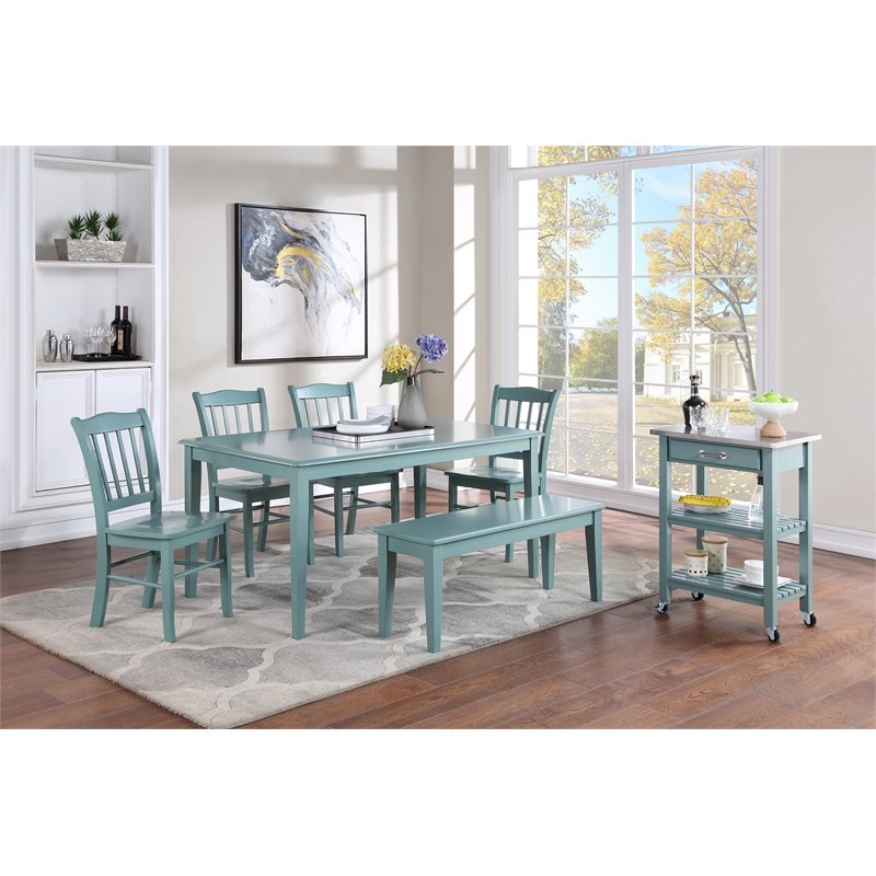 Pemberly Row 6pc Rubberwood Dining Set with Bench in Aspen Valley Blue