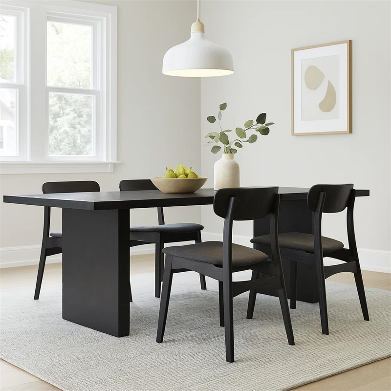 Pemberly Row 80 Inch Mango Wood Dining Table with Wide Panel Legs in Black