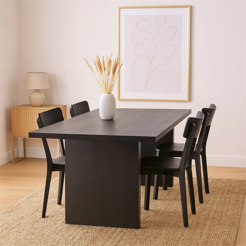 Pemberly Row 80 Inch Mango Wood Dining Table with Wide Panel Legs in Black