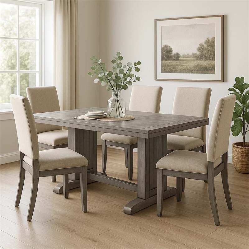 Pemberly Row 60 Inch Double Pedestal Dining Table in Weathered Gray Wood